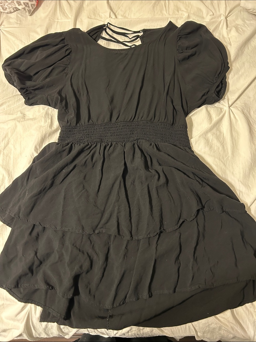 wild fable Black Backless Tiered Puff Sleeve Dress